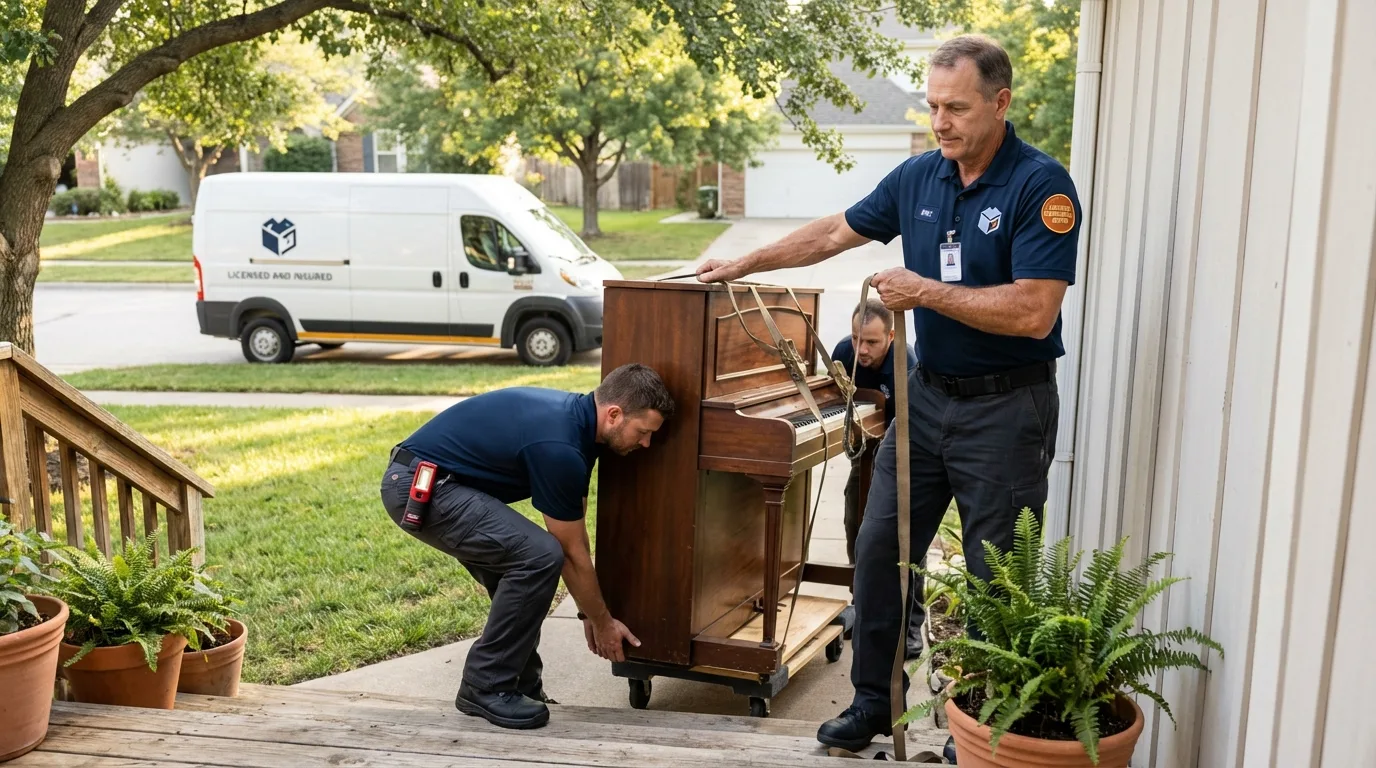 Licensed piano movers securing grand piano in Van Buren, AR