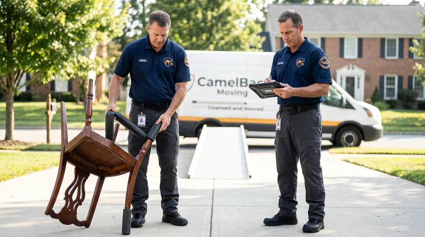 Movers inspecting furniture for damage prevention before loading in Van Buren, AR
