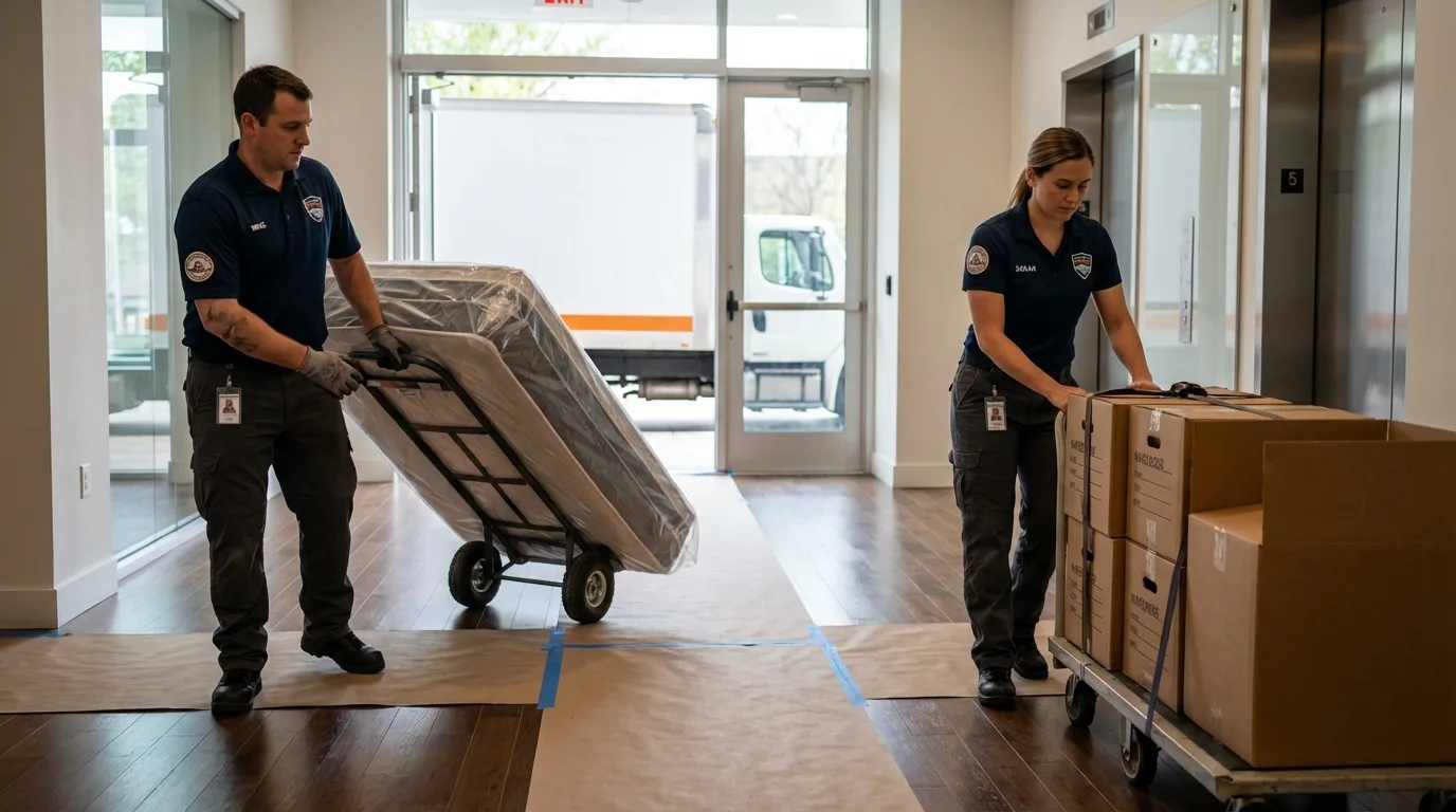 Professional apartment movers loading elevator in Van Buren, AR