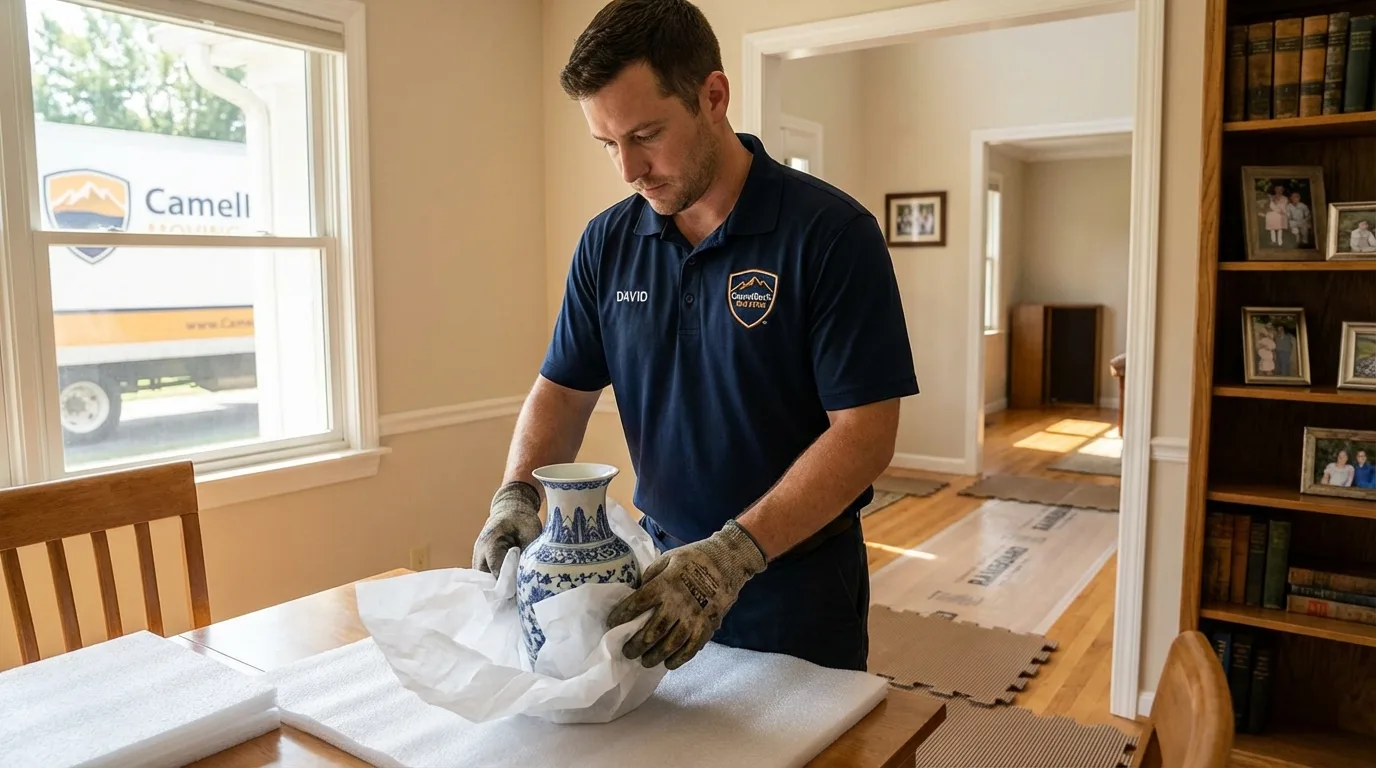 Professional crew carefully wrapping antique vase for senior downsizing move in Van Buren, AR